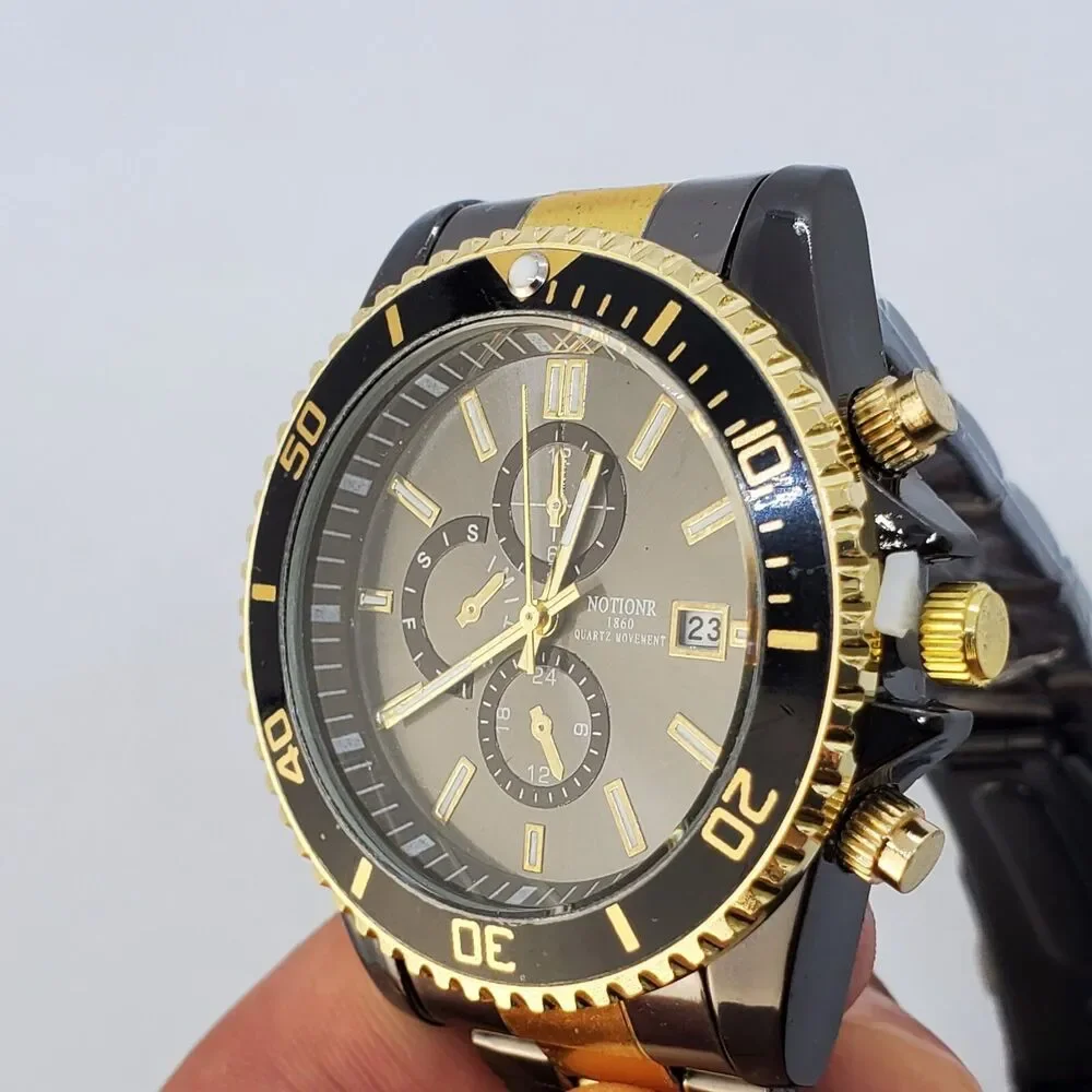 Men's Watch 40MM Dark Gray Dial Gold‎ Black Bracelet Band Date 7.5